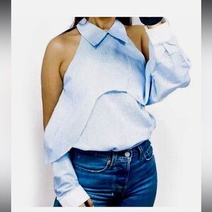 Central Park West Fold Over Cold Shoulder Shirt Blue White Stripe size xs Top